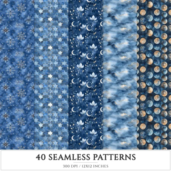 Celestial Elf Seamless Patterns, Magical nightscape JPEG, Fantasy universe pattern, Moon and stars repeating pattern,Digital scrapbook paper