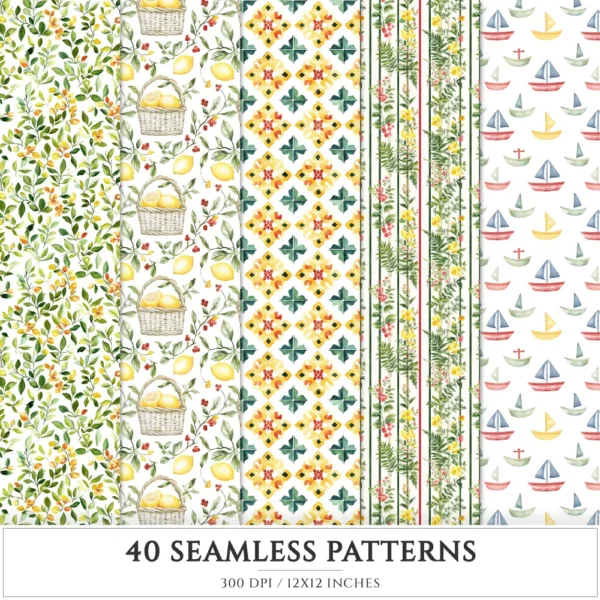 Italian Vibes Seamless Patterns, Mediterranean summer JPEG, Lemon motifs pattern, Italian tiles repeating pattern, Digital scrapbook paper