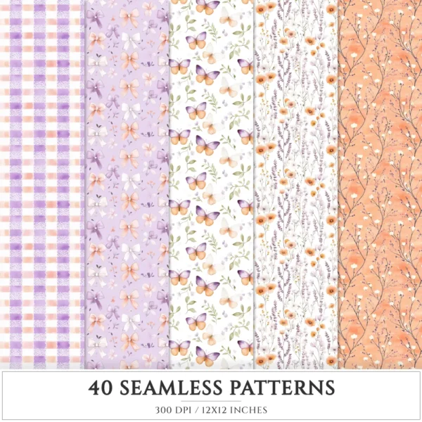 Spring Awakening Seamless Patterns, Whimsical spring JPEG, Floral pattern, Lavender, Spring meadow repeating pattern,Digital scrapbook paper