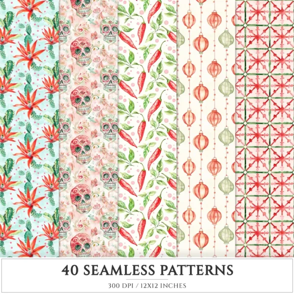 Viva Mexico Seamless Patterns, Cinco de Mayo JPEG, Pinata & cactus pattern, Guitar, Tequila repeating pattern, Digital scrapbook paper