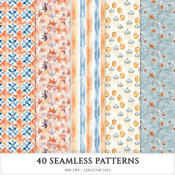 Welcome Autumn Seamless Patterns, Cozy Autumn JPEG, Pumpkin leaves pattern, Owl, Plaid, Fall repeating pattern, Digital scrapbook paper