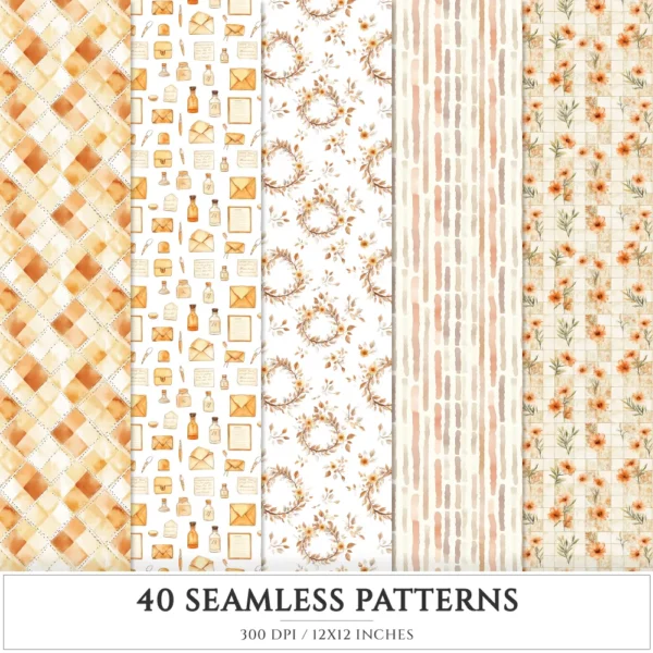 Autumn Planner Seamless Patterns, Cozy autumn JPEG, Maple leaves pattern, Acorns, Plaid, Pumpkins repeating pattern, Digital scrapbook paper