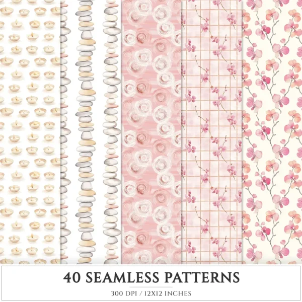 Orchid Resort Seamless Patterns, Summertime JPEG, Wellness spa pattern, Pebble, Shell, Orchid repeating pattern, Digital scrapbook paper