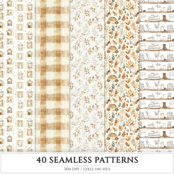 September End Seamless Patterns, Cozy autumn JPEG, Maple and pumpkin pattern, Plaid, Knitted cozy repeating pattern, Digital scrapbook paper