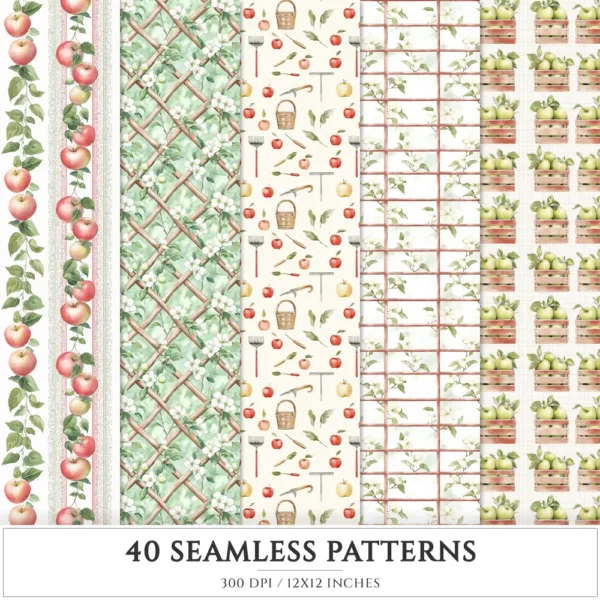 Falling Apples Seamless Patterns, Cozy autumn JPEG, Apples pattern, Pie, Leaves, Apple Gingham repeating pattern, Digital scrapbook paper