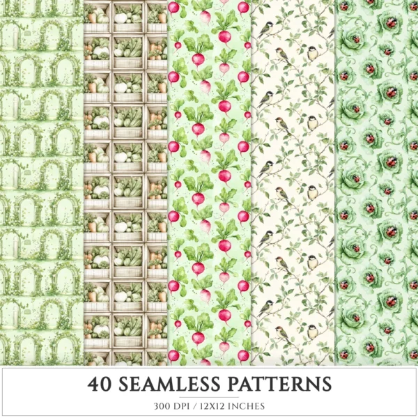 Summer Garden Seamless Patterns, Summer floral JPEG, Gardening pattern, Birds, Gingham, Vegetable repeating pattern, Digital scrapbook paper