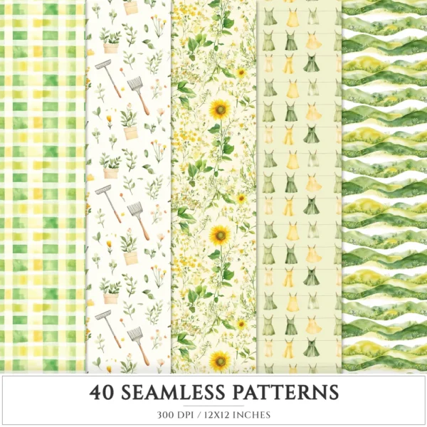 Sunny Days Seamless Patterns, Sunflower summer JPEG, Gingham pattern, Floral summer, Cozy summer repeating pattern, Digital scrapbook paper