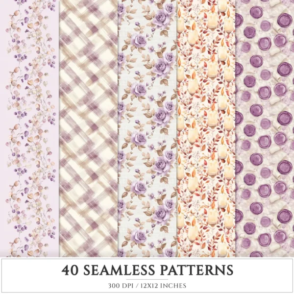 Plum Mood Seamless Patterns, Cozy autumn JPEG, Mushroom pattern, Floral, Plaid, Autumn leaves repeating pattern, Digital scrapbook paper