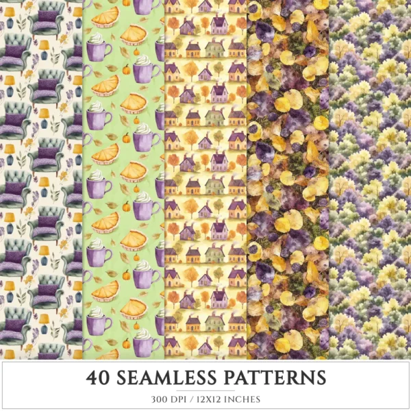 Autumn Notions Seamless Patterns, Artistic autumn JPEG, Pumpkin pattern, Floral, Autumn leaves repeating pattern, Digital scrapbook paper