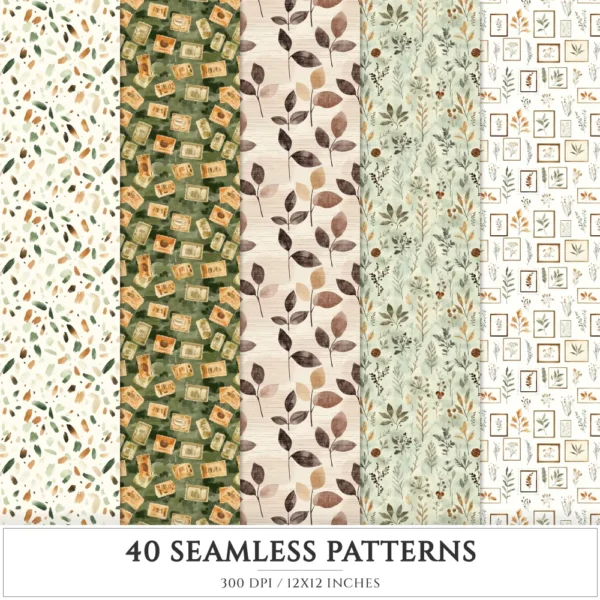 Autumn Gallery Seamless Patterns, Chic fall JPEG, Botanical pattern, Pumpkin, Falling leaves repeating pattern, Digital scrapbook paper