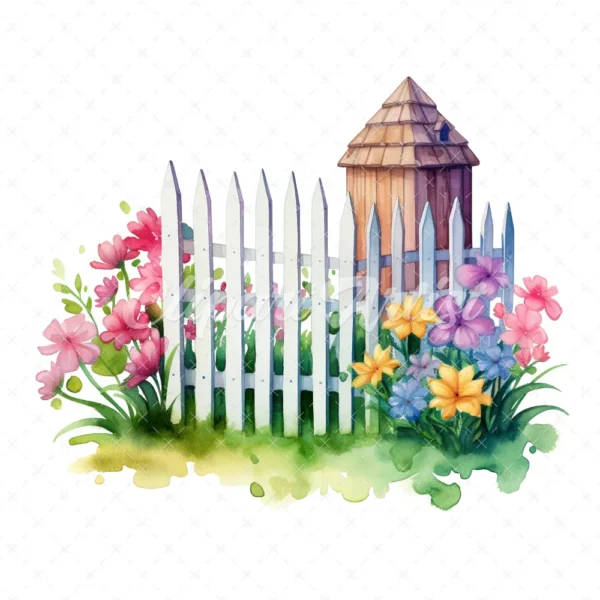 20 High-Quality Picket Fences Clipart - Picket fences digital watercolor JPG instant download for commercial use - Digital download