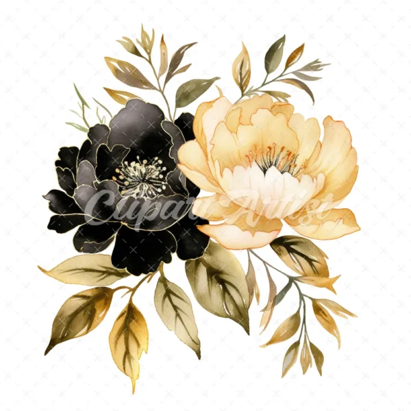 23 High-Quality Black Gold Peony Clipart - Black gold peony digital watercolor JPG instant download for commercial use - Digital download