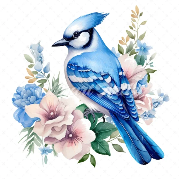 19 High-Quality Floral Blue Jay Clipart - Floral blue jay digital watercolor JPG instant download for commercial use - Digital download