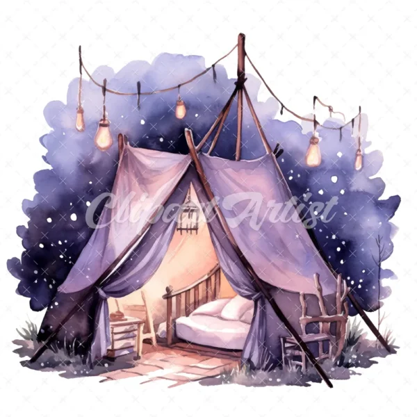 20 High-Quality Night Lighting Tents Clipart - Lighting tents digital watercolor JPG instant download for commercial use - Digital download