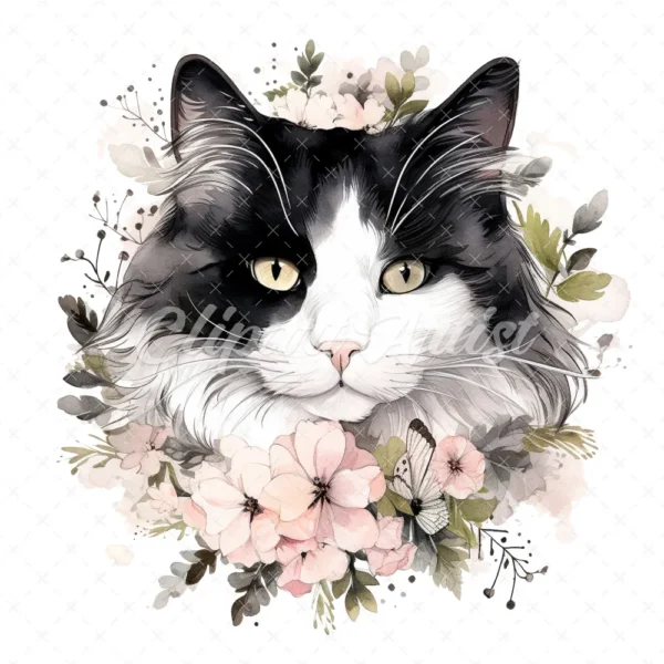 20 High-Quality Black and White Floral Cats Clipart - Cats digital watercolor JPG instant download for commercial use - Digital download