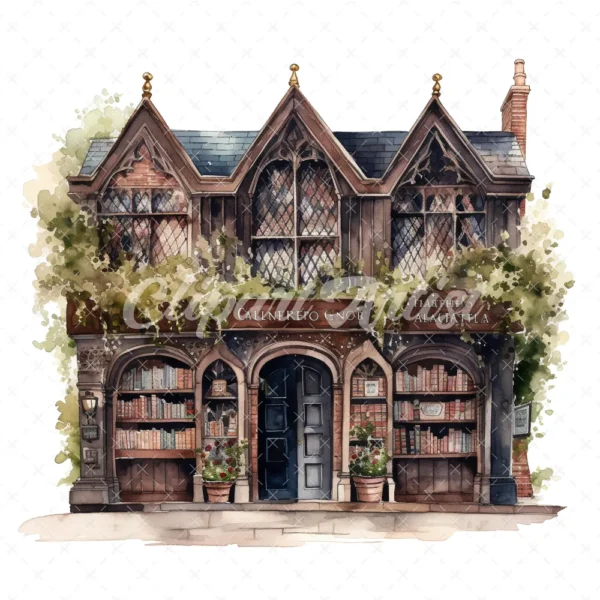 20 High-Quality Gothic Bookshop Clipart - Gothic bookshop digital watercolor JPG instant download for commercial use - Digital download