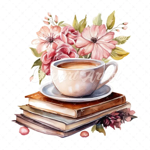 20 High-Quality Floral Coffee Books Clipart - Coffee books digital watercolor JPG instant download for commercial use - Digital download