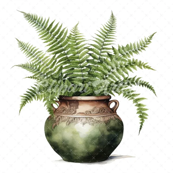 20 High-Quality Fern Antique Pot Clipart - digital watercolor JPG instant download for commercial use - Digital download