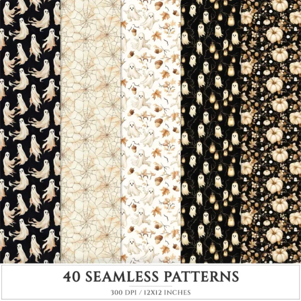 Cozy Haunt Seamless Patterns, Spooky autumn JPEG, Ghosts pattern, Witch hat, Bones, Pumpkin repeating pattern, Digital scrapbook paper