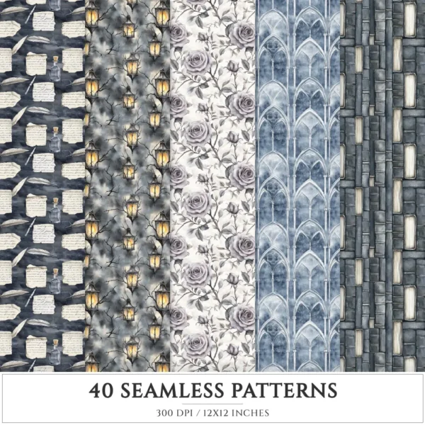 Gothic Diary Seamless Patterns, Gothic halloween JPEG, Skull sigils pattern, Rose, Floral, Haunted repeating pattern,Digital scrapbook paper