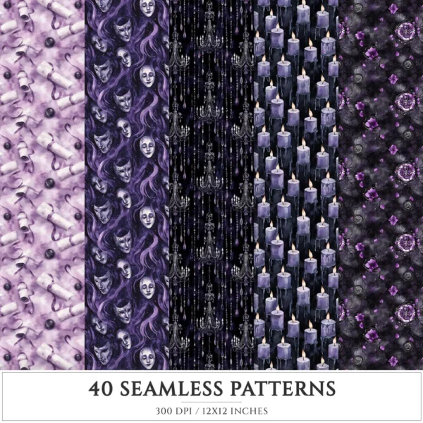Haunted Masquerade Seamless Patterns, Spooky halloween JPEG, Gothic rose pattern, Raven, Skulls repeating pattern, Digital scrapbook paper