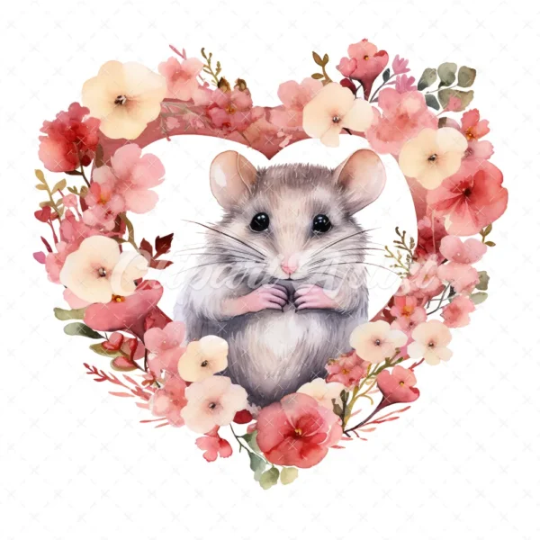 19 High-Quality Mouse in Heart Wreath Clipart - Mouse wreath digital watercolor JPG instant download for commercial use - Digital download