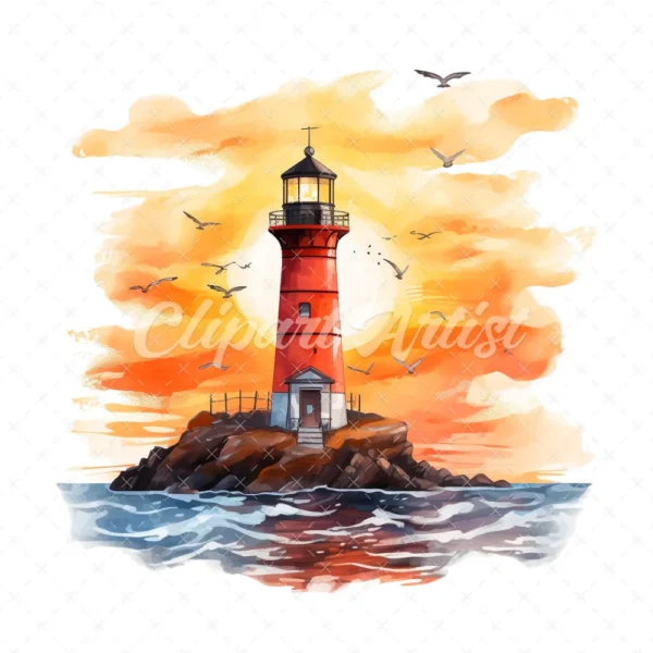 20 High-Quality Sunset Lighthouse Clipart - Sunset lighthouse digital watercolor JPG instant download for commercial use - Digital download