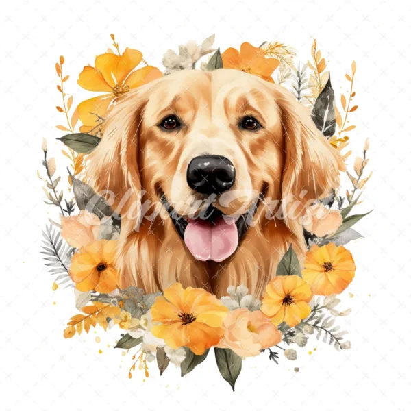 20 High-Quality Floral Golden Retriever Clipart - Retriever digital watercolor JPG instant download for commercial use - Digital download