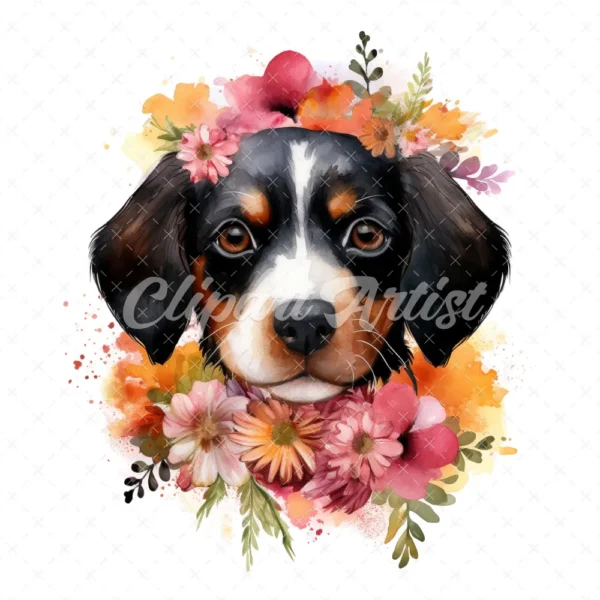 20 High-Quality Floral Portrait Puppy Clipart - Floral Puppy digital watercolor JPG instant download for commercial use - Digital download