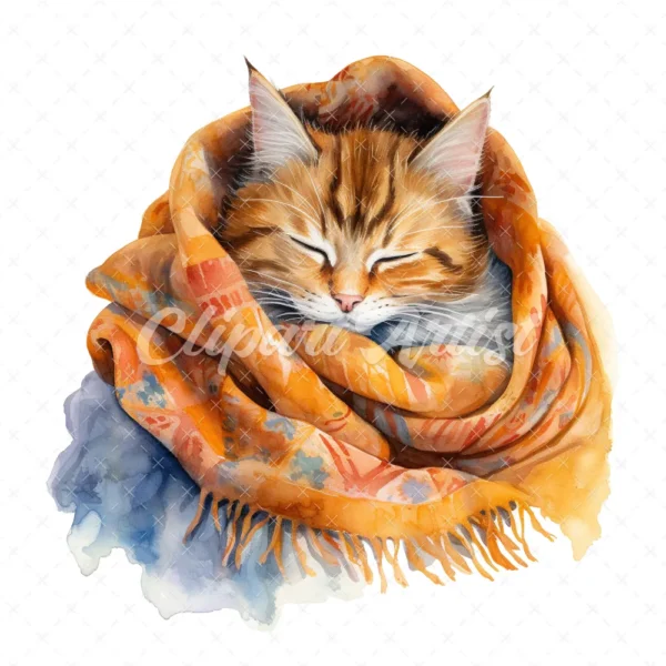 20 High-Quality Cat Sleeping in Shawl Clipart - Sleeping Cat digital watercolor JPG instant download for commercial use - Digital download