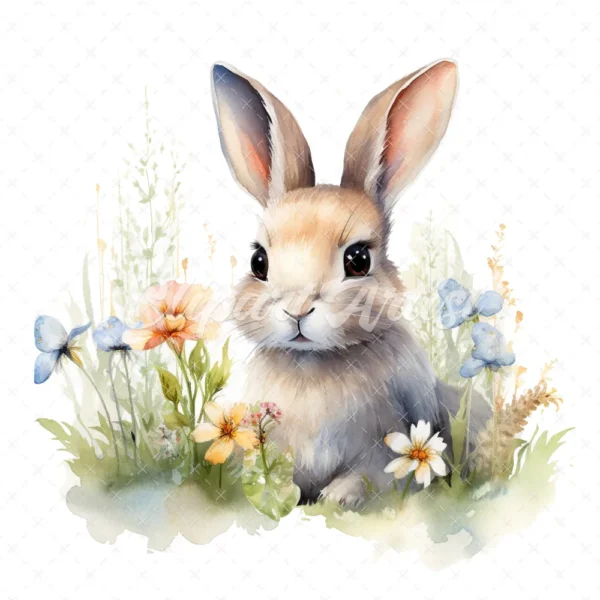 20 High-Quality Bunny in a Meadow Clipart - Bunny meadow digital watercolor JPG instant download for commercial use - Digital download