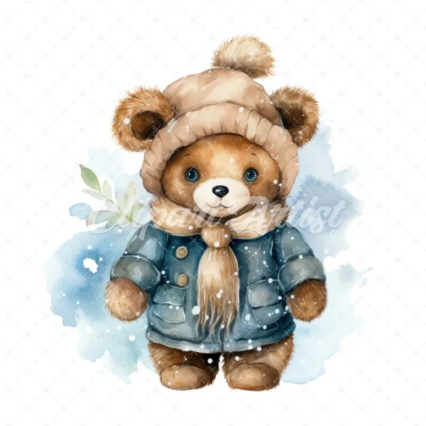 20 High-Quality Winter Teddy Bear Clipart - Winter teddy bear digital watercolor JPG instant download for commercial use - Digital download