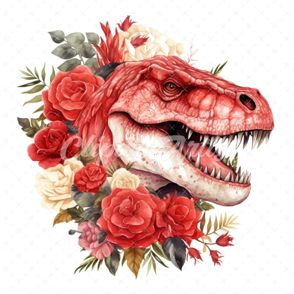 20 High-Quality Red Floral Dinosaur Clipart - Red dinosaur digital watercolor JPG instant download for commercial use - Digital download
