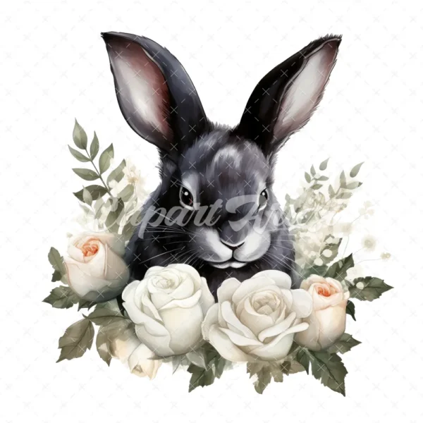 20 High-Quality Black Bunny With White Roses Clipart - Bunny digital watercolor JPG instant download for commercial use - Digital download