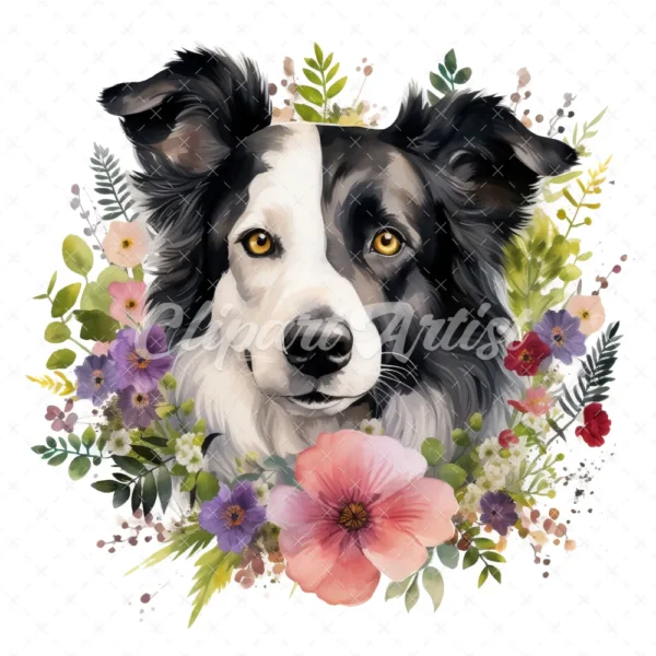 20 High-Quality Floral Border Collie Clipart - Border collie digital watercolor JPG instant download for commercial use - Digital download