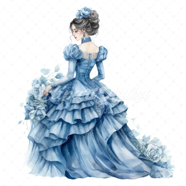 20 High-Quality Blue Victorian Dress Clipart - Victorian dress digital watercolor JPG instant download for commercial use - Digital download