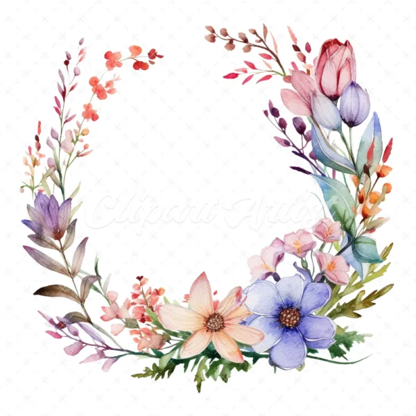 20 High-Quality Wildflowers Wreath Clipart - Wildflower wreath digital watercolor JPG instant download for commercial use - Digital download