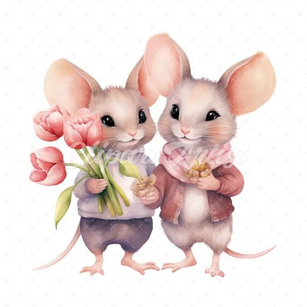 20 High-Quality Mice Holding Tulip Clipart - Mice tulip digital watercolor JPG instant download for commercial use - Digital download
