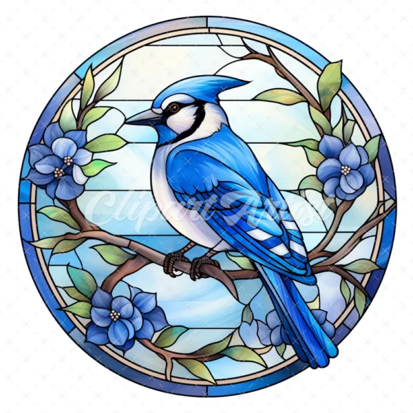 20 High-Quality Blue Jay Stained Glass Clipart - Blue jay digital watercolor JPG instant download for commercial use - Digital download