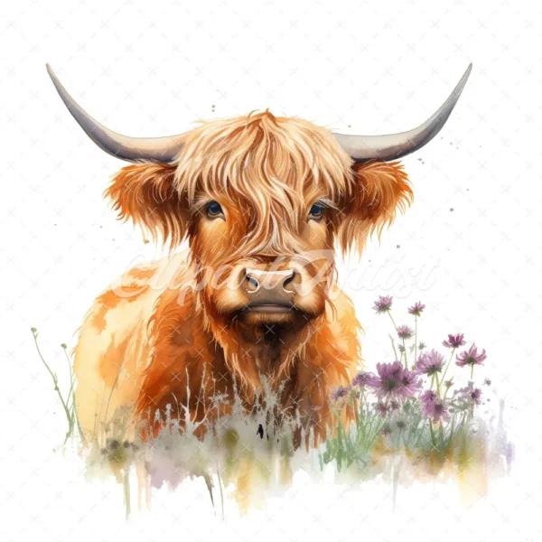 19 High-Quality Highland Cow in Grass Clipart - Highland cow digital watercolor JPG instant download for commercial use - Digital download