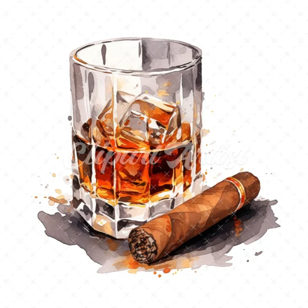 20 High-Quality Cigar Glass of Whisky Clipart -Cigar whisky digital watercolor JPG instant download for commercial use - Digital download