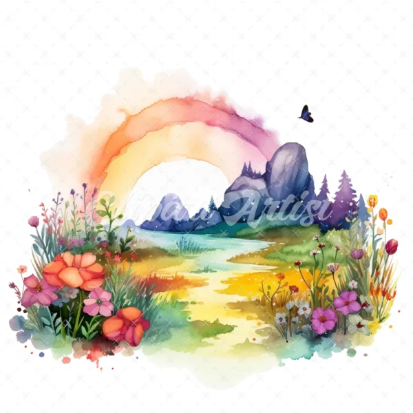 22 High-Quality Rainbow Meadow Clipart - Rainbow meadow digital watercolor JPG instant download for commercial use - Digital download