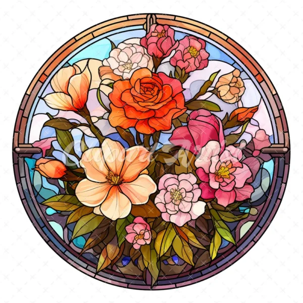 20 High-Quality Flowers Stained Glass Clipart - Bouquet flower digital watercolor JPG instant download for commercial use - Digital download