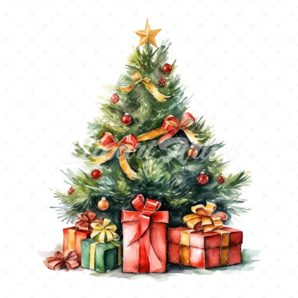 20 High-Quality Christmas Tree Gifts Clipart - Christmas gifts digital watercolor JPG instant download for commercial use - Digital download