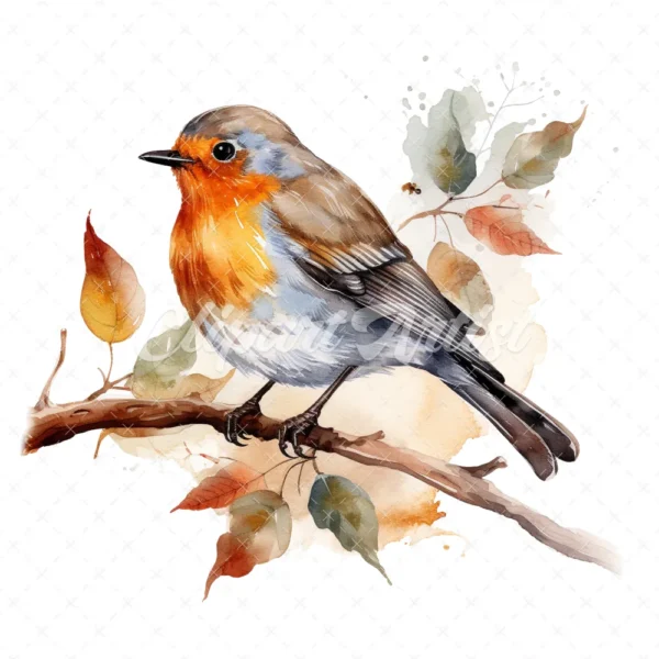 20 High-Quality Robin on Dry Leaf Clipart - Birds digital watercolor JPG instant download for commercial use - Digital download