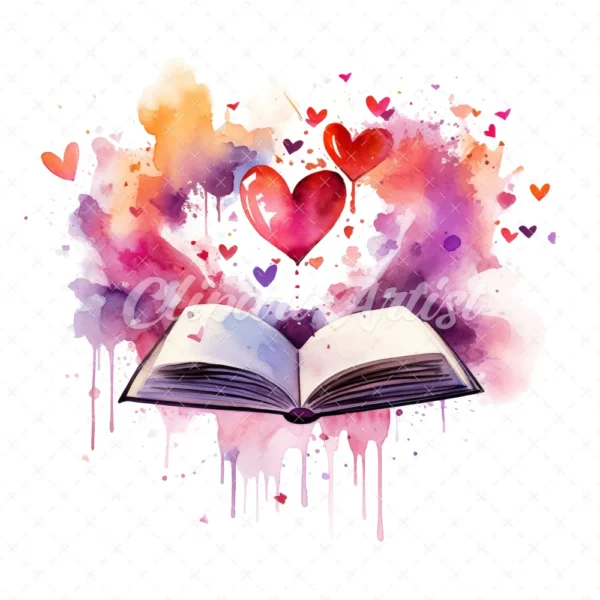 20 High-Quality Open Book With Hearts Clipart - Open book digital watercolor JPG instant download for commercial use - Digital download