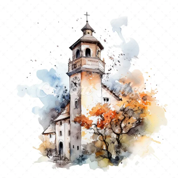 20 High-Quality Bell Tower Clipart - Bell tower digital watercolor JPG instant download for commercial use - Digital download