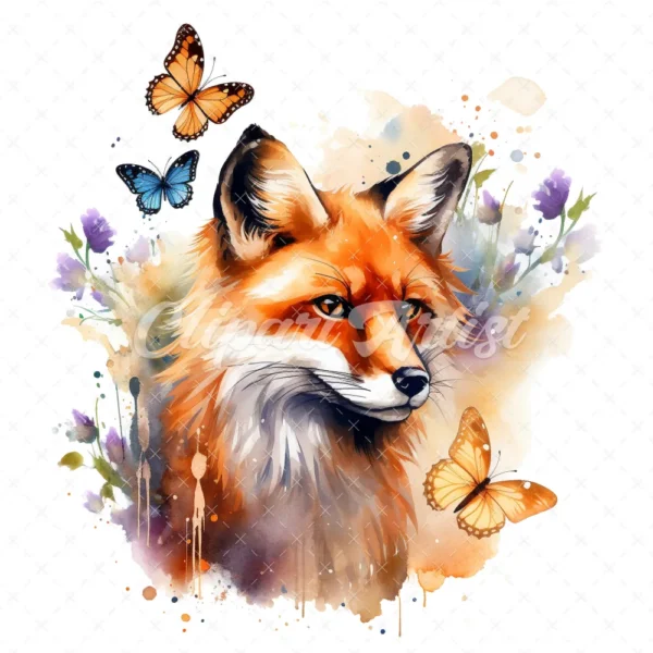 19 High-Quality Fox and Butterfly Clipart - Fox and butterfly digital watercolor JPG instant download for commercial use - Digital download