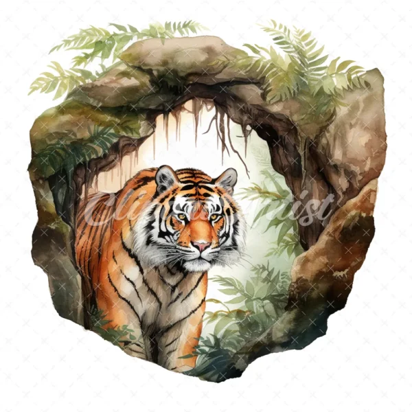 20 High-Quality Forest Cave Tiger Clipart - Cave tiger digital watercolor JPG instant download for commercial use - Digital download