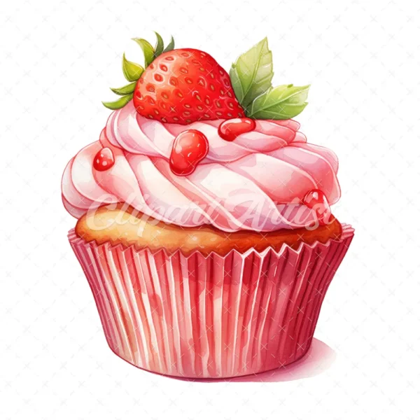 20 High-Quality Strawberry Cupcake Clipart - Cupcake digital watercolor JPG instant download for commercial use - Digital download